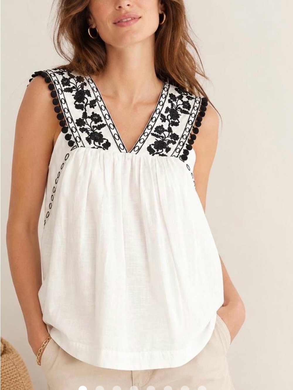 J. Crew White Sleeveless V-Neck Camisole with Black Embroidery
